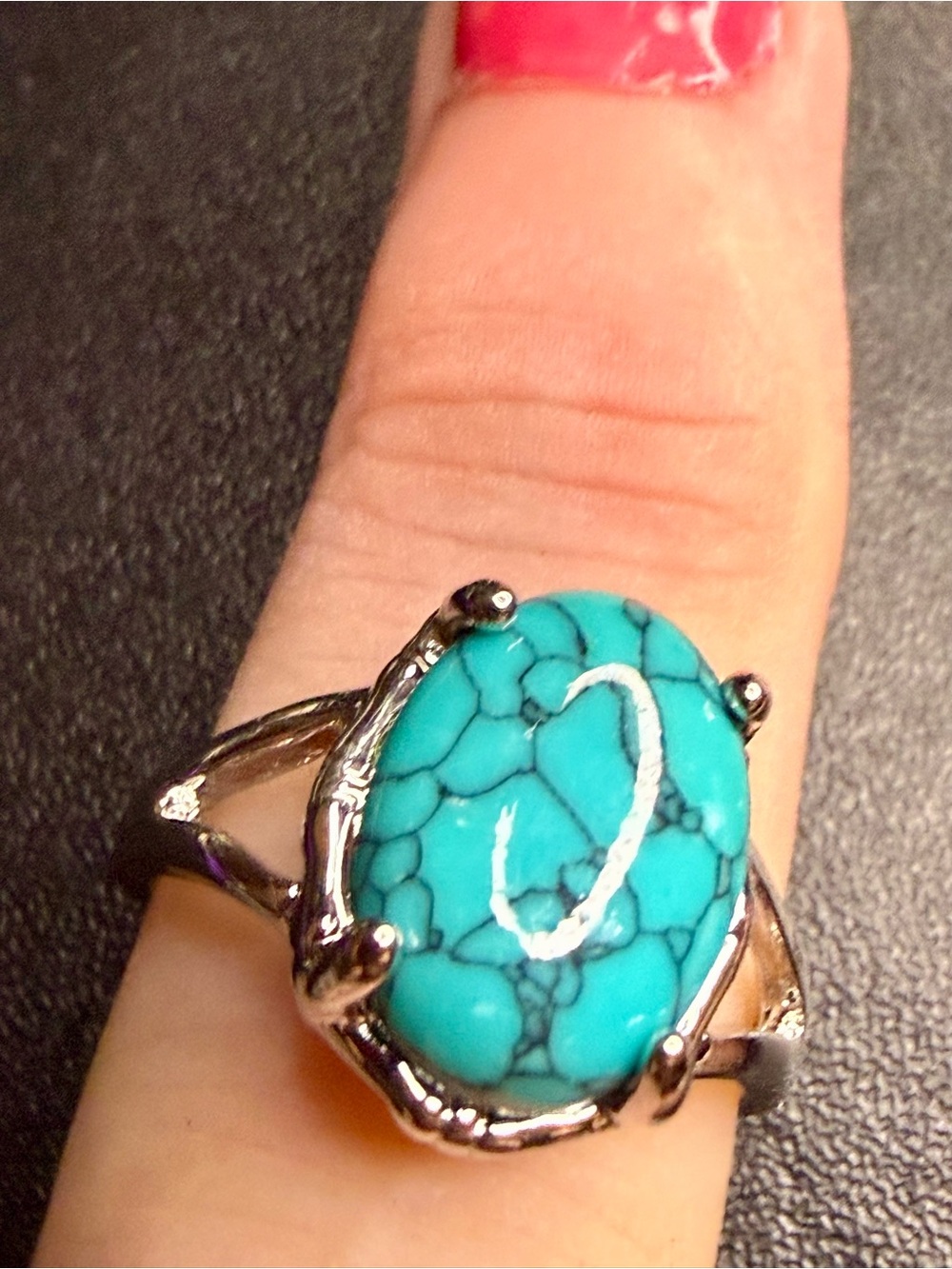 Blue Vein Turquoise Oval Stone Silver-Tone Ring - Women Jewelry